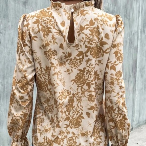 Boho floral long flounced sleeved  Blouse top tan - Picture 5 of 6